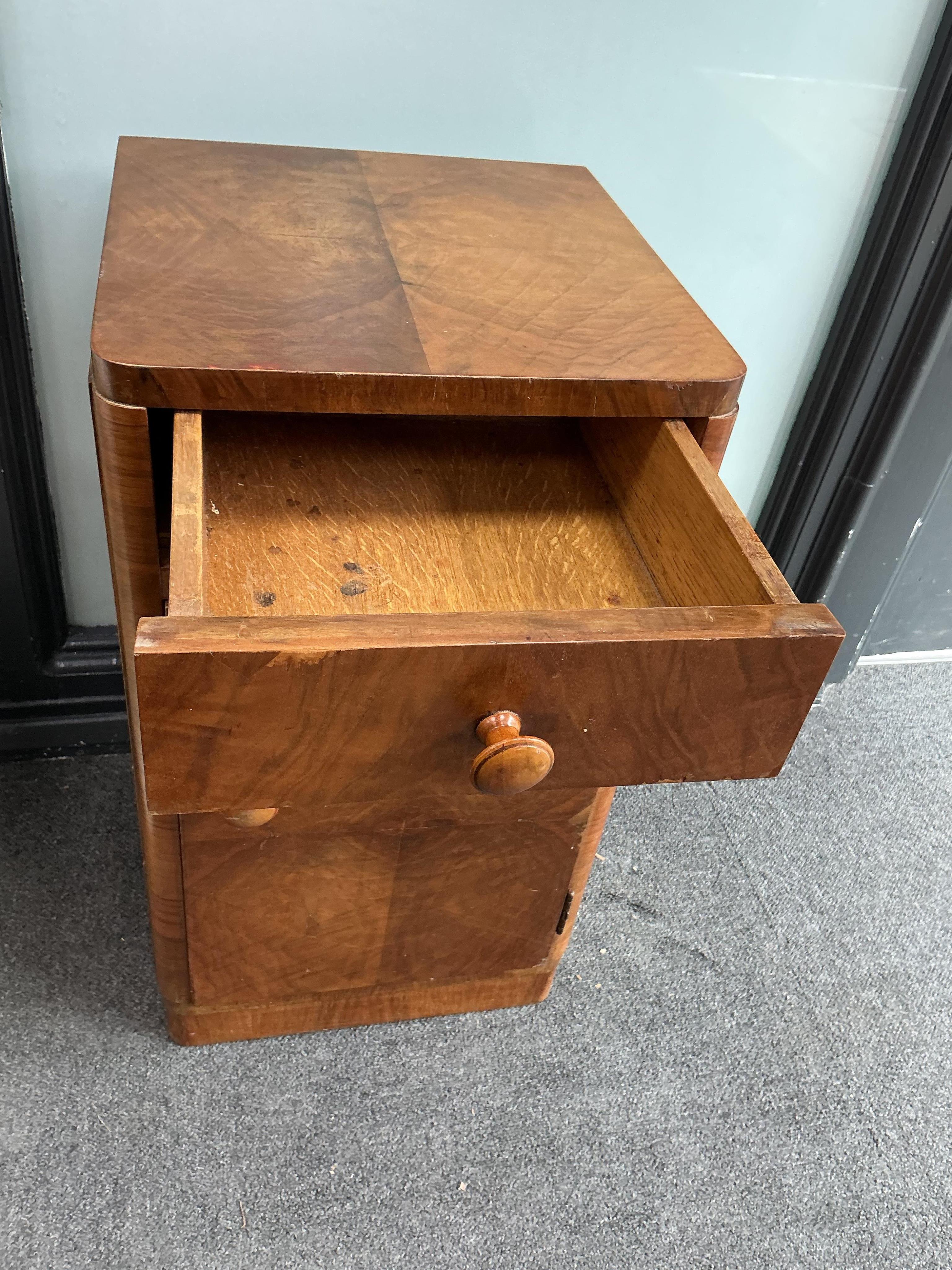 A pair of Art Deco walnut bedside cabinets width 33cm, depth 33cm, height 60cm
